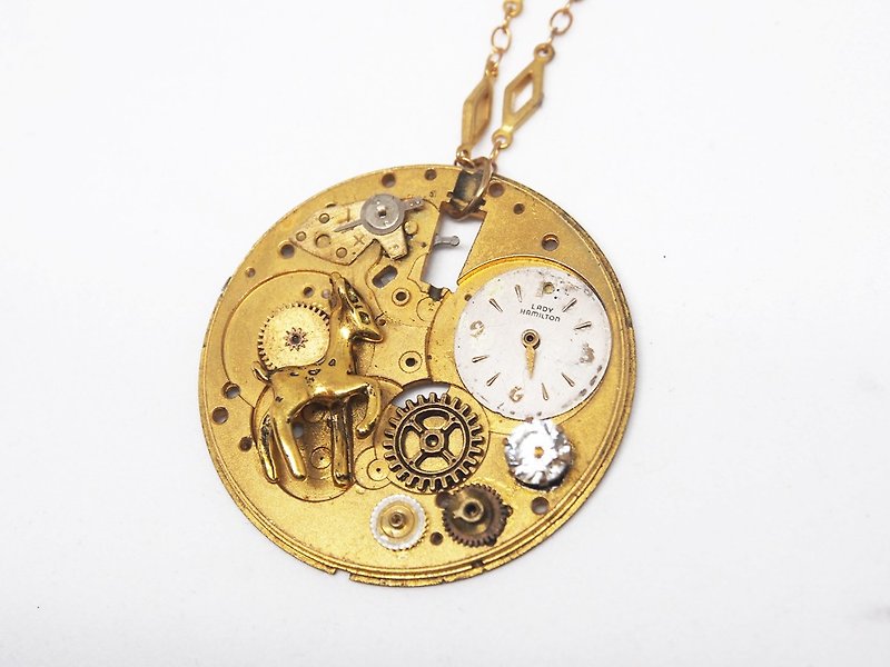 1950 Stone gear collage pocket watch necklace deer - Necklaces - Other Metals Gold