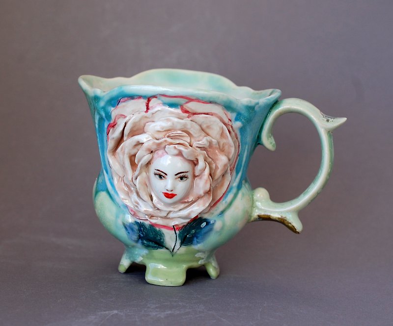 เครื่องลายคราม แก้วมัค/แก้วกาแฟ หลากหลายสี - Handmade art mug Talking Flowers Rose Alice in Wonderland Flower Face mug