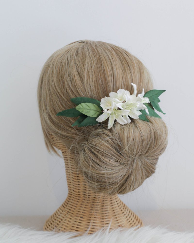LILY GARDEN Flower Hair Comb Handmade Paper Flowers - 髮夾/髮飾 - 紙 白色