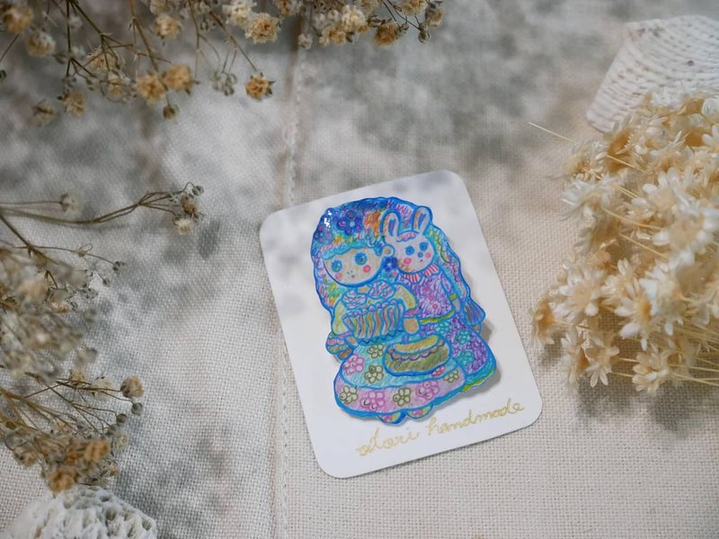 彩虹女孩與兔兔。純手繪插畫 水晶樹脂別針 - 胸針 - 樹脂 