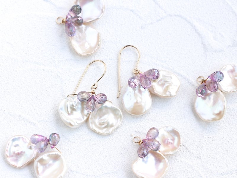 14kgf-mystic topaz and pearl flower pierced earrings - ต่างหู - เครื่องประดับ สีม่วง