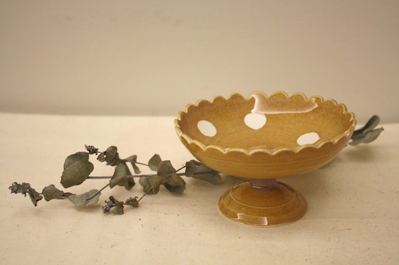 Brown-yellow-white-dot pottery bowl | Pottery tall dish | Dim Sum bowl - ถ้วยชาม - ดินเผา สีนำ้ตาล