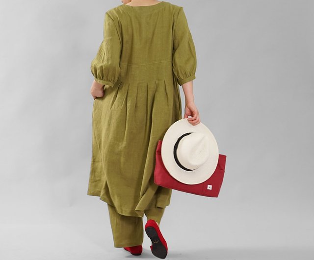 Wafu 薄地 雅亜麻 リネン ワンピース ふんわりスリーブ Vネック タック ドレス 黄橡色 A062h Kib1 ショップ Wafu Linen Clothing ワンピース Pinkoi