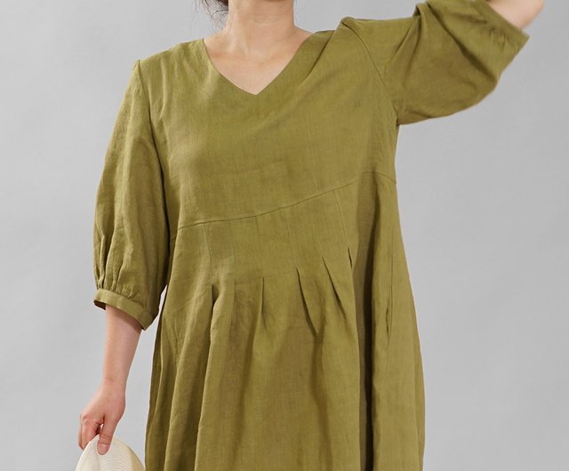 Wafu 薄地 雅亜麻 リネン ワンピース ふんわりスリーブ Vネック タック ドレス 黄橡色 A062h Kib1 ショップ Wafu Linen Clothing ワンピース Pinkoi