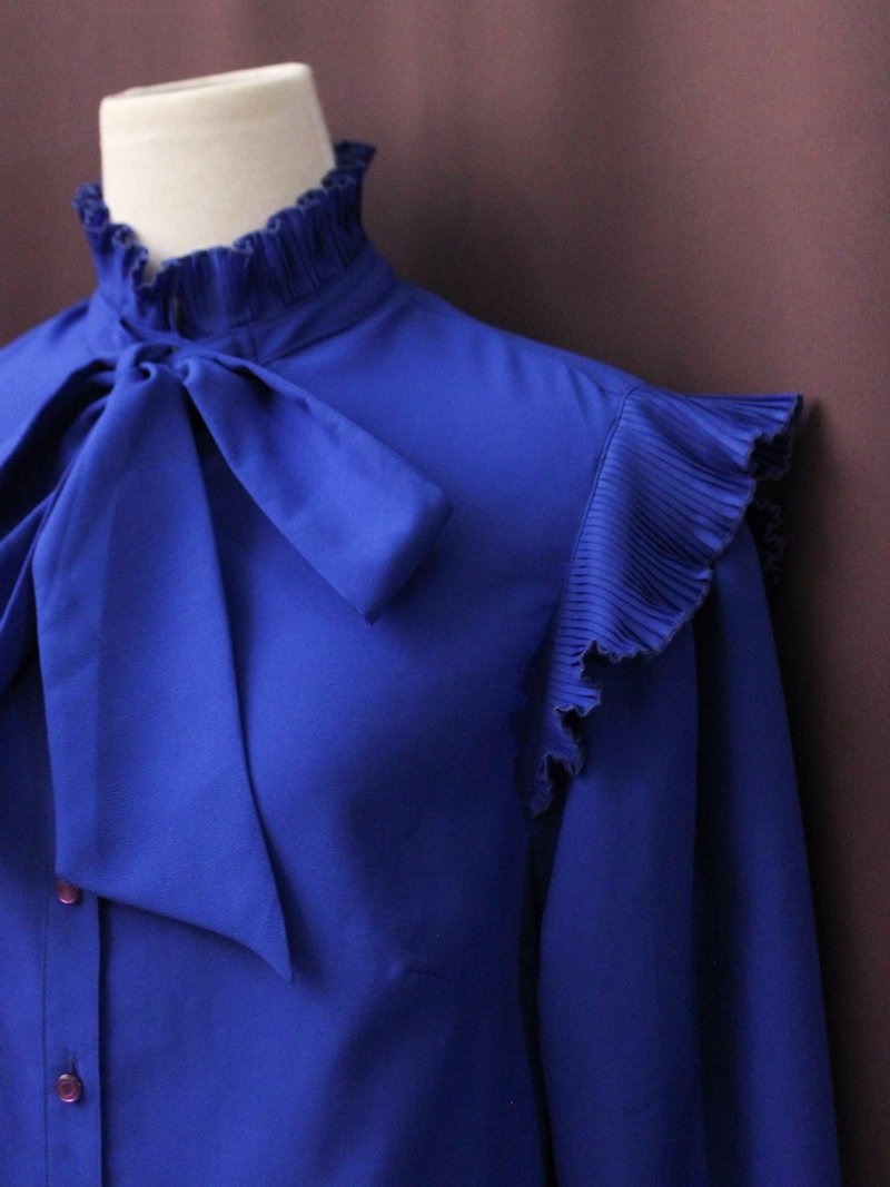 復古歐洲立領結寶藍色寬鬆長袖古著襯衫 Vintage Blouse - 恤衫 - 聚酯纖維 藍色