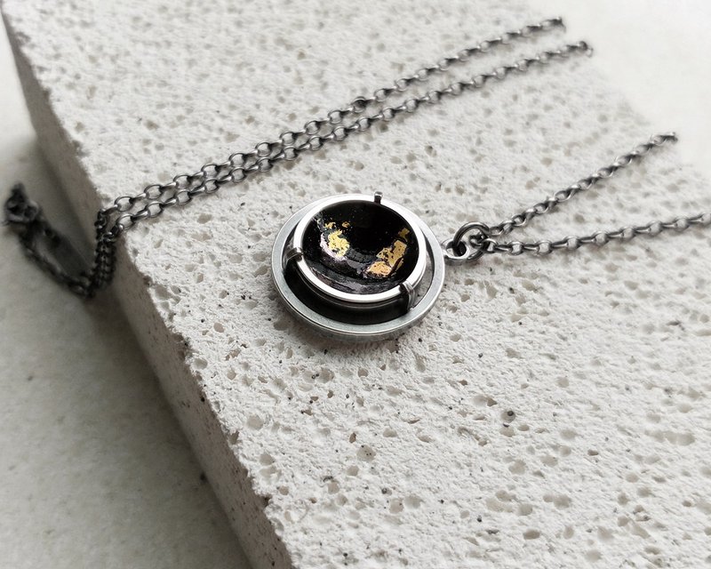 Golden Island No. 3 925 Sterling Silver Necklace (enamel + gold leaf) /Ag No. 088 - Necklaces - Sterling Silver Gray