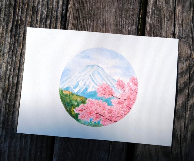 富士山桜水彩画オリジナル絵カードギフト日本の風景画