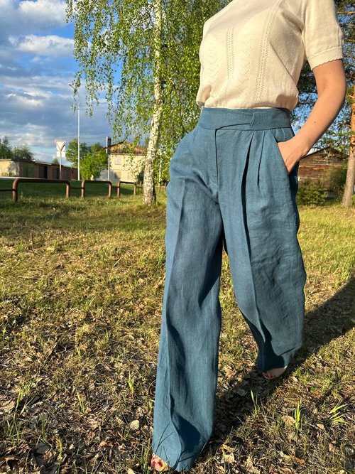 Natural Linen Pants Drawstring Waist and Pockets - Light Blue