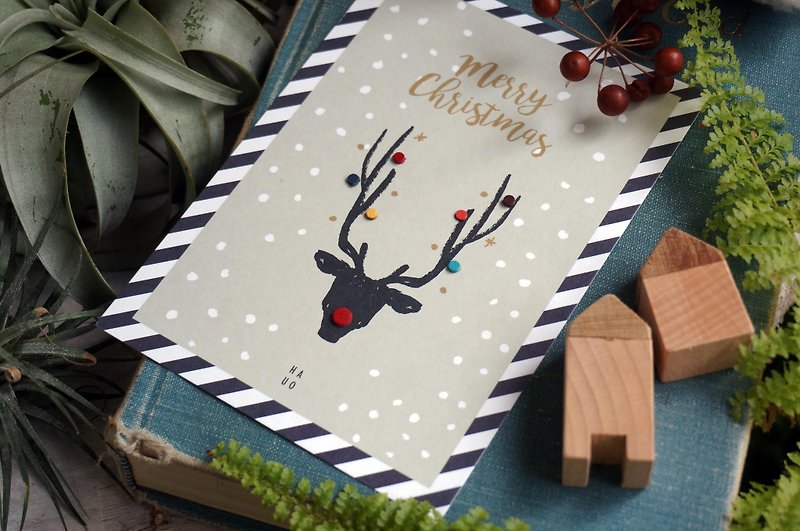 [Christmas Gift Exchange] Elk_Christmas handmade leather postcard with envelope - Cards & Postcards - Paper Blue