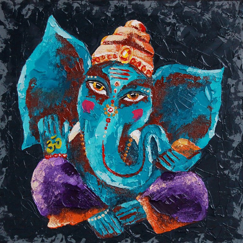 Ganesha Painting Indian Original Art Ganapati Wall Art Small Oil Artwork - 海報/掛畫/掛布 - 其他材質 藍色