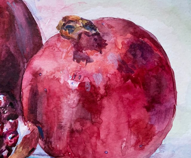 ザクロのある静物 ザクロの水彩画フルーツオリジナルアートキッチン小さな静物