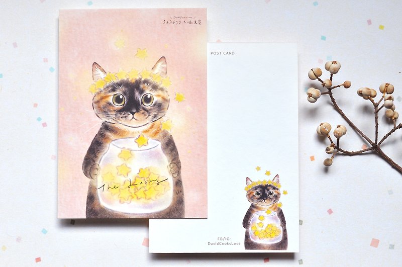 Tortoiseshell cat illustration postcard-lucky star - การ์ด/โปสการ์ด - กระดาษ สึชมพู