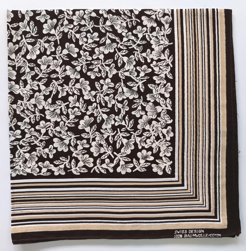 花卉條紋頭巾，20.5 x 21 英吋，瑞士設計，純棉 - 絲巾 - 棉．麻 咖啡色