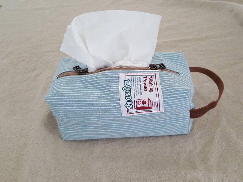 【Linkkimokki】家的面紙包 (條紋水洗牛仔) - 面紙盒 - 棉．麻 