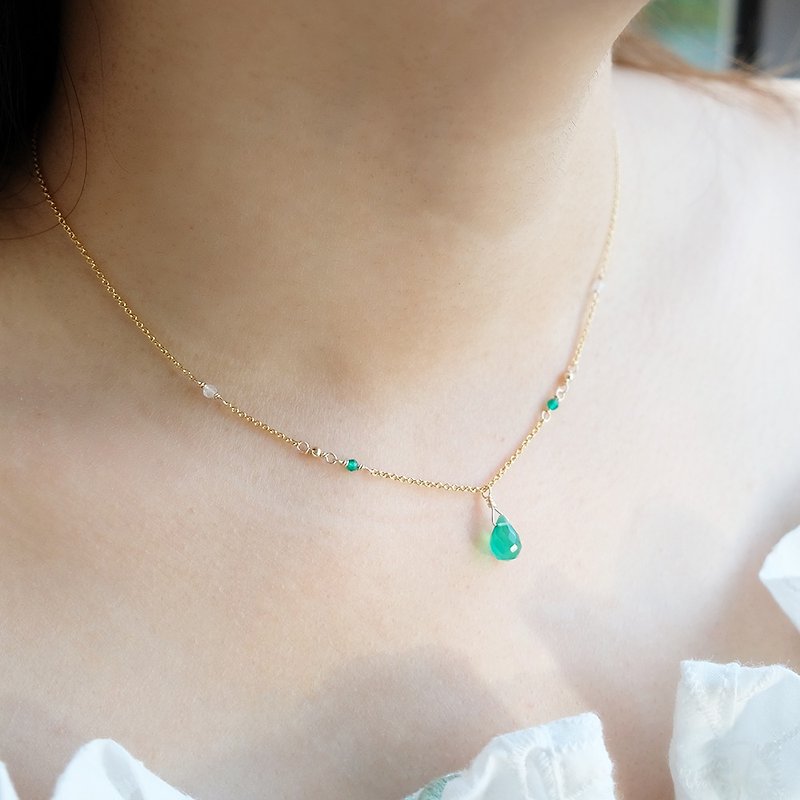 Chrysoprase Necklace Gorgeous Small Water Drop Temperament Model 14K Gold-packed Gold Injected Washing Non-fading Moonstone - สร้อยคอ - เครื่องประดับพลอย สีเขียว