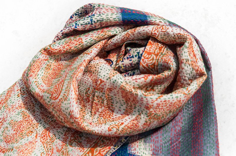 Hand-stitched Sari Fabric Scarf/Silk Embroidered Scarf/Indian Silk Embroidered Scarf-Geometric Blue Ocean
