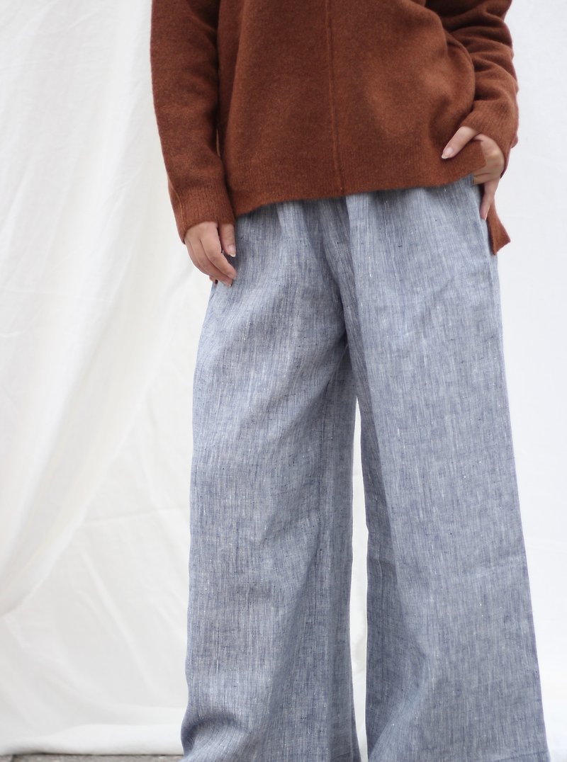 [Spot] original retro literary yarn-dyed linen wide-leg pants - light gray stripes - Women's Pants - Linen Gray