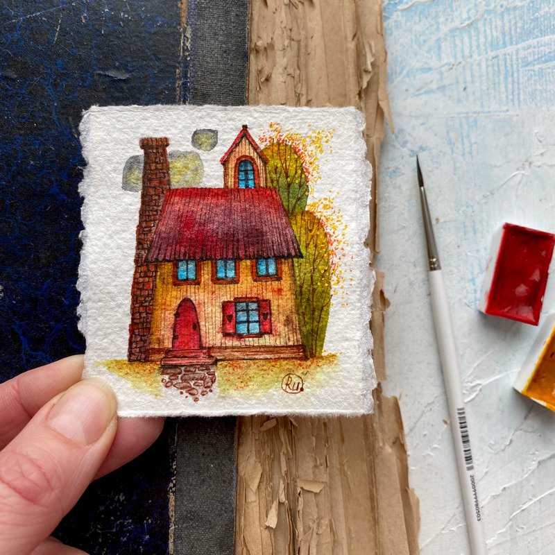 Red roof house painting Tiny Original art Mini artwork Small art by Rubinova - 海報/掛畫/掛布 - 紙 紅色