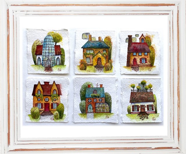 赤い屋根の家の絵 Tiny Original art Mini artwork Small art by