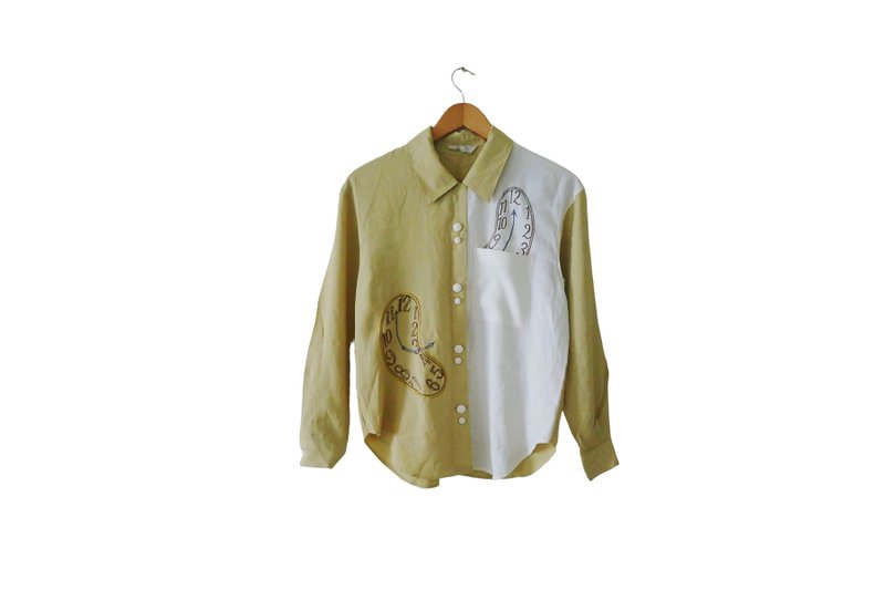 Japanese Vintage Salvador Dali Style, The Persistence of Memory baroque blouse - 女上衣/長袖上衣 - 聚酯纖維 黃色