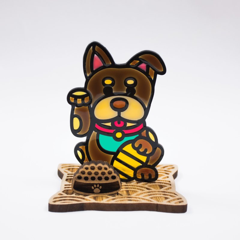 【Moko Bastet】Lucky Mongrel, Mixed Dog with Wooden Base - Items for Display - Resin Multicolor