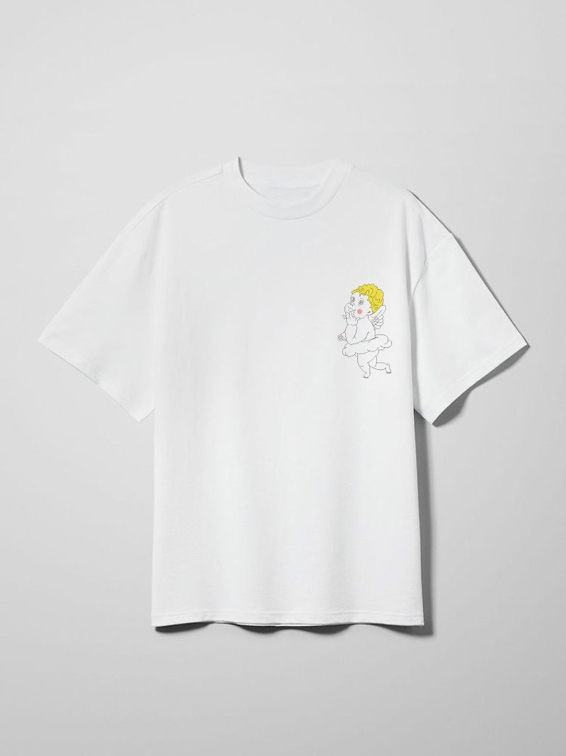 Chubby Cupid hand embroidery t shirt in white, unisex, varied sizes, 100%cotton - เสื้อยืดผู้ชาย - ผ้าฝ้าย/ผ้าลินิน ขาว