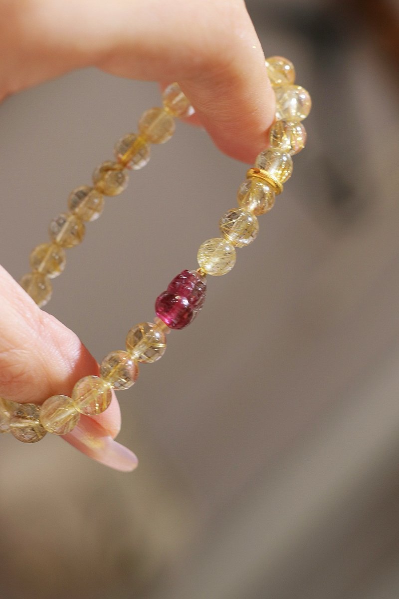 7mm天然原礦金髮晶水晶 碧璽貔貅18k金設計單圈手串 - 項鍊 - 水晶 黃色