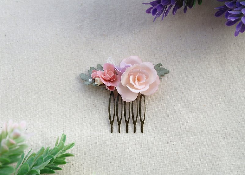 ピンクの3色のバラ花のシルクの優雅さロマンスの結婚式のプリンセス小さな新鮮な髪の櫛ヘアアクセサリー - ヘアアクセサリー - 寄せ植え・花 ピンク