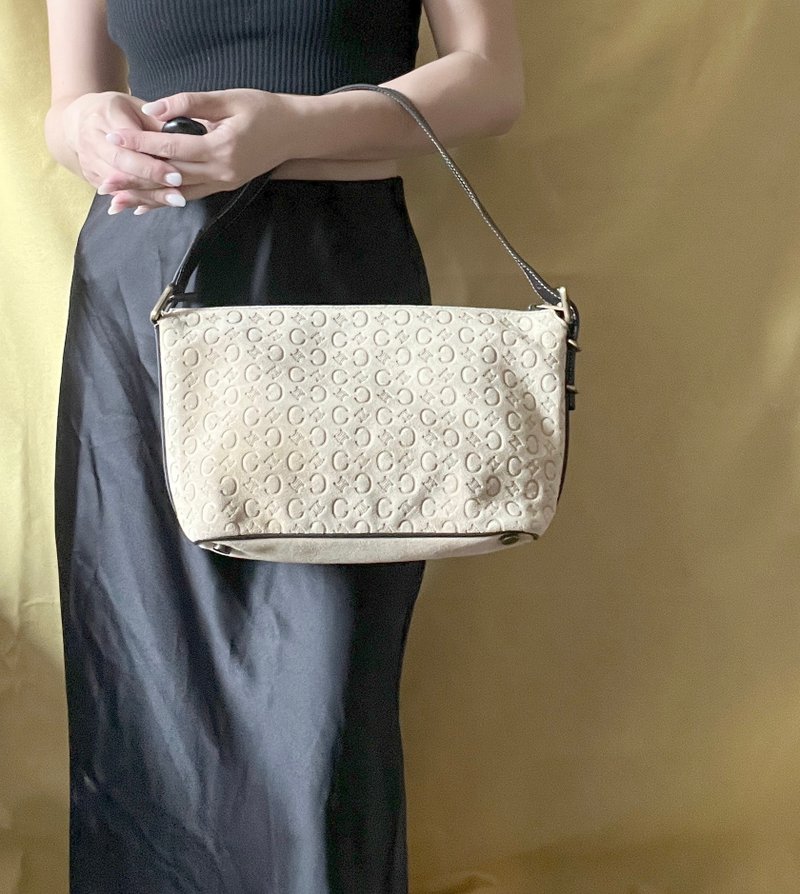 CELINE C Macadam 麂皮絨面米色肩背包手提袋 日本中古Vintage - 手提包/手提袋 - 真皮 卡其色