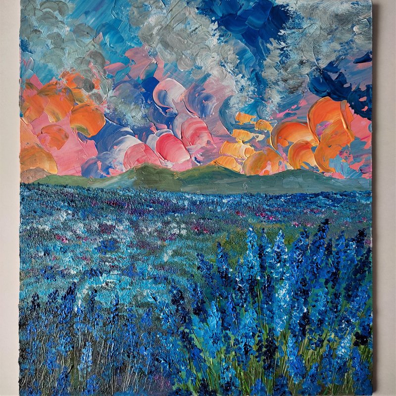 油畫 Landscape Wildflowers Flowers Blue Wall Decoration Sunset Hanging Painting 藍染 - 壁貼/牆壁裝飾 - 壓克力 藍色