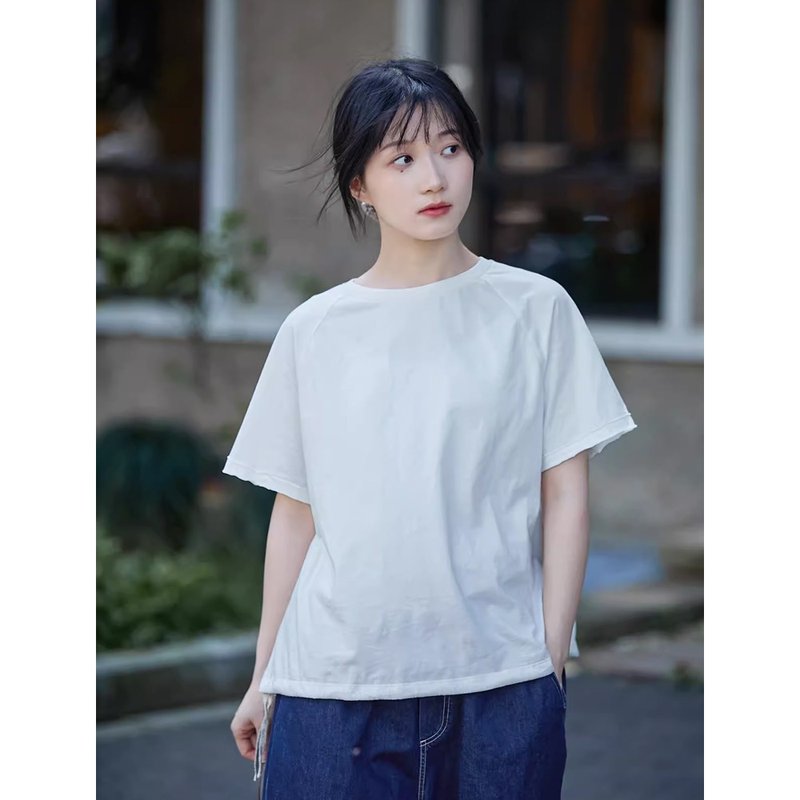 Plain white cotton round neck short sleeve loose versatile knitted T-shirt - เสื้อยืดผู้หญิง - ผ้าฝ้าย/ผ้าลินิน 