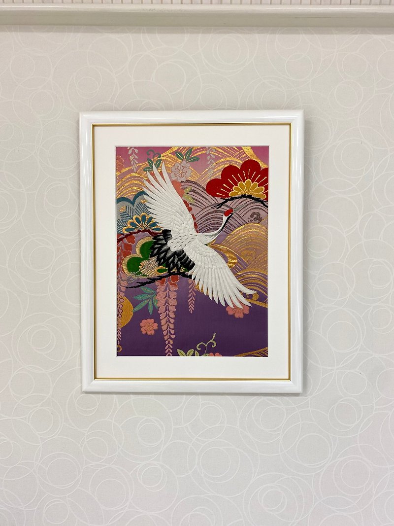 The art panel made from Japanese bride Kimono　Auspicious pattern Crane　023 - Wall Décor - Silk Purple