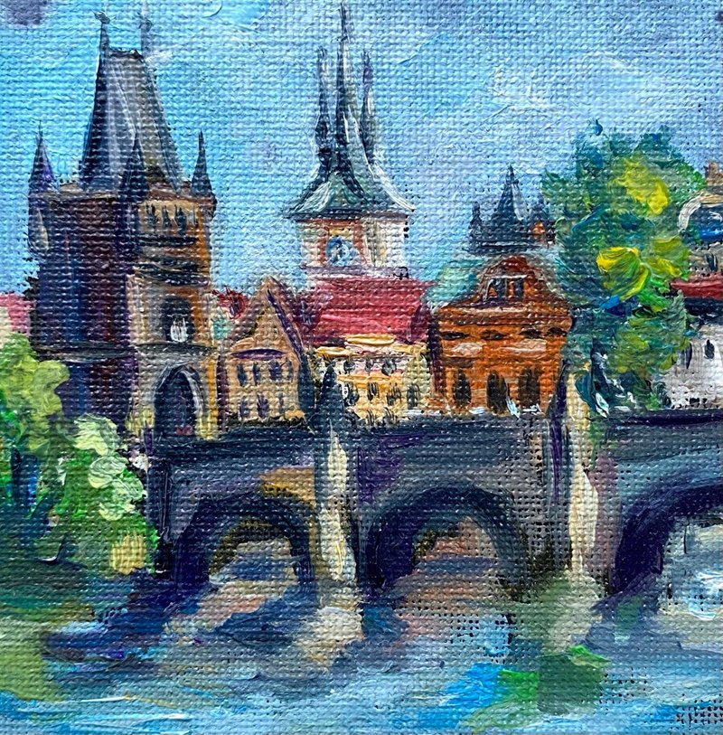 Prague painting Original oil painting Miniature cityscape art 10*10 cm - Posters - Other Materials Multicolor