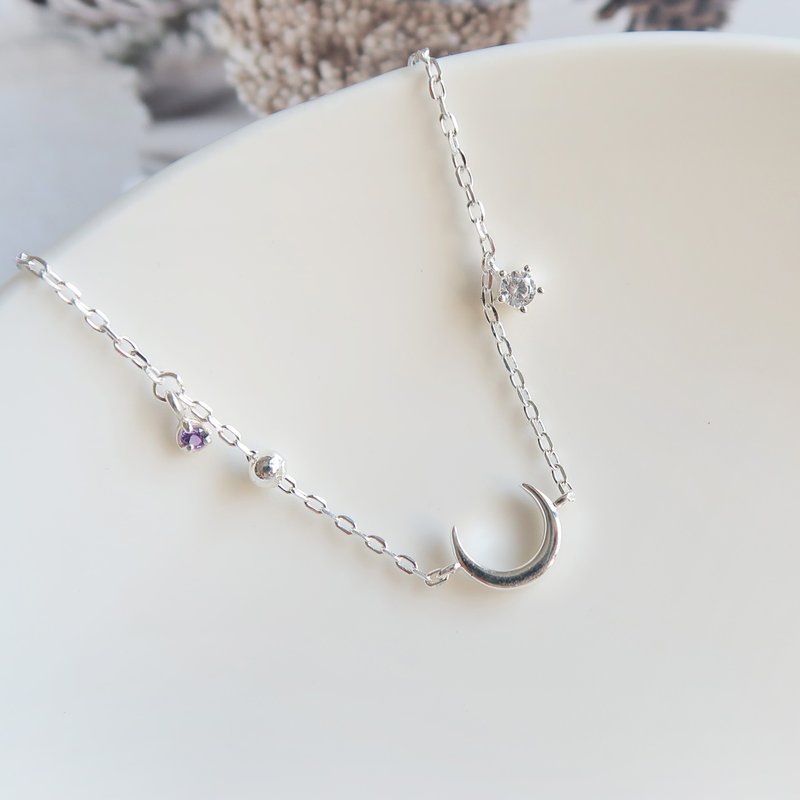 925 Sterling Silver Amethyst Moon Star Small Diamond Customizable Engraved Bracelet Free Gift Packaging - Bracelets - Sterling Silver Purple