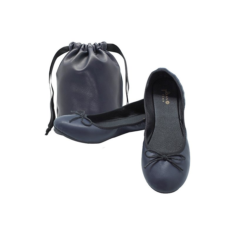 折疊鞋 Les Plier Fina Folding Shoes Ribbon Navy with Pouch - รองเท้าลำลองผู้หญิง - หนังเทียม ขาว