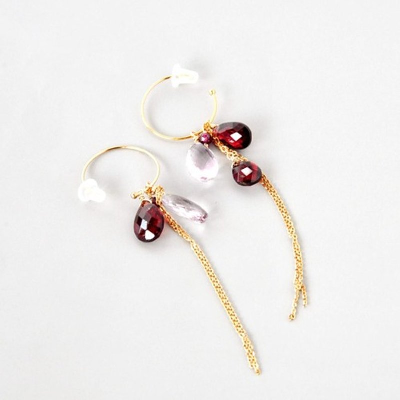 14kgf/January Birthstone Garnet x Pink Amethyst 3WAY Hoop Earrings - ต่างหู - เครื่องเพชรพลอย 