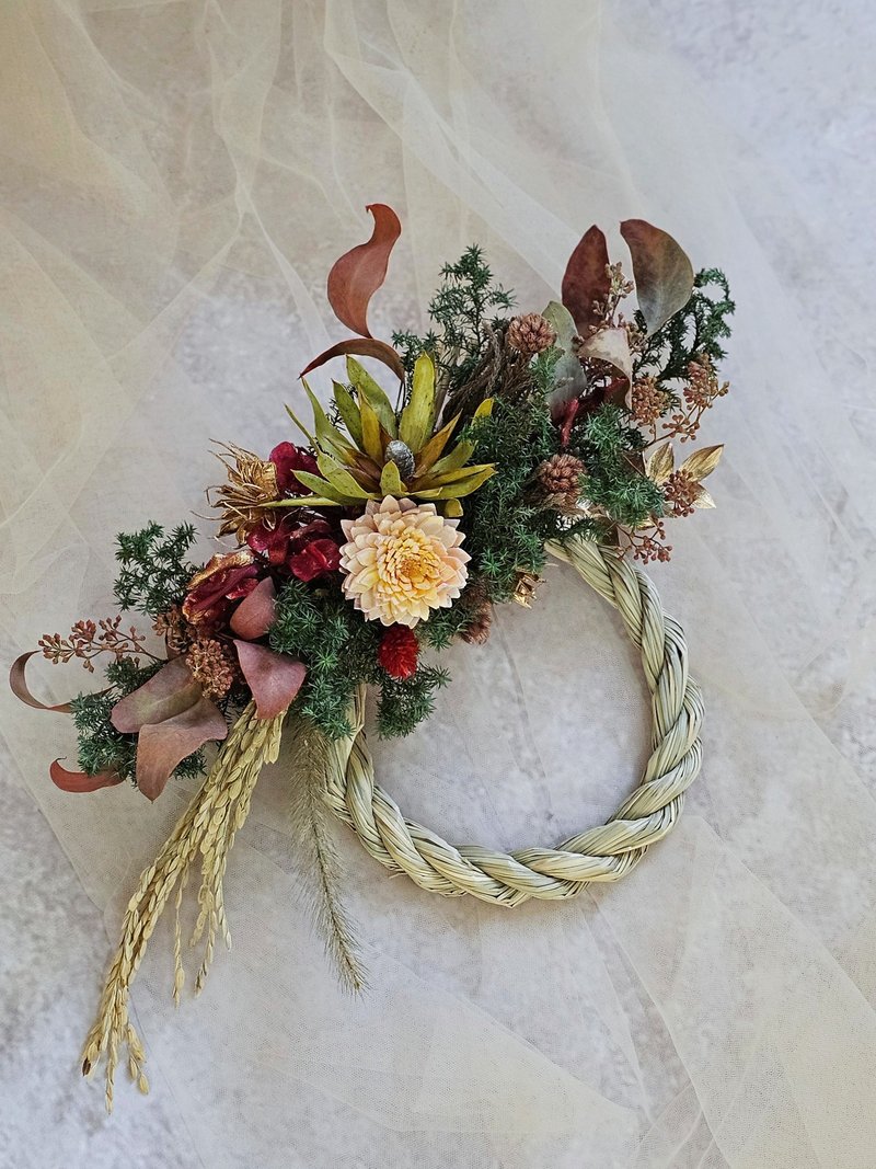 和風しめ縄 現品限り/迅速発送 - ドライフラワー・ブーケ - 寄せ植え・花 カーキ
