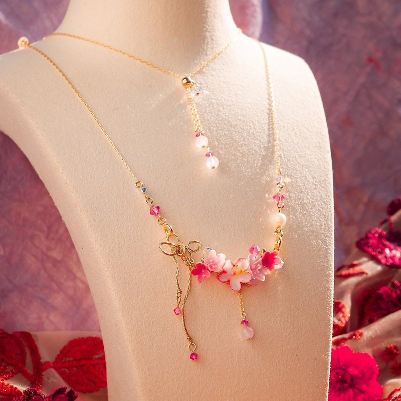 Strawberry Bouquet 14K Gold-plated 925 Silver Necklace (with glass chain) - สร้อยคอ - ดินเหนียว สึชมพู