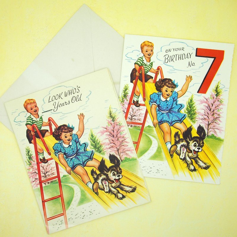 Vintage message card - 7 years old - - Cards & Postcards - Paper Pink