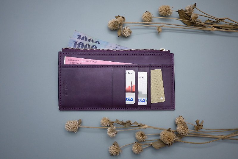 │Handmade leather course │Simple zipper 5 card long clip wallet silver zipper bag - Leather Goods - Genuine Leather 