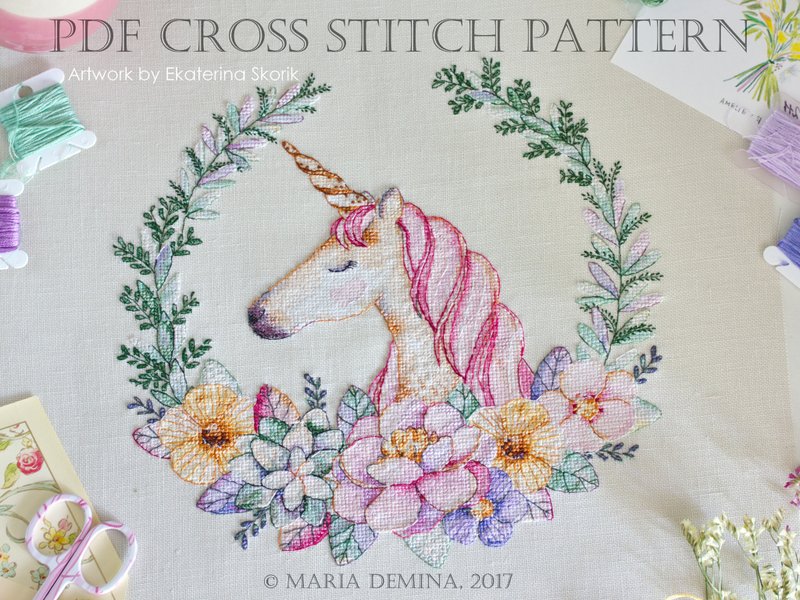Watercolor Unicorn and Floral Wreath PDF cross stitch pattern - 手工藝教學/工具書 - 其他材質 
