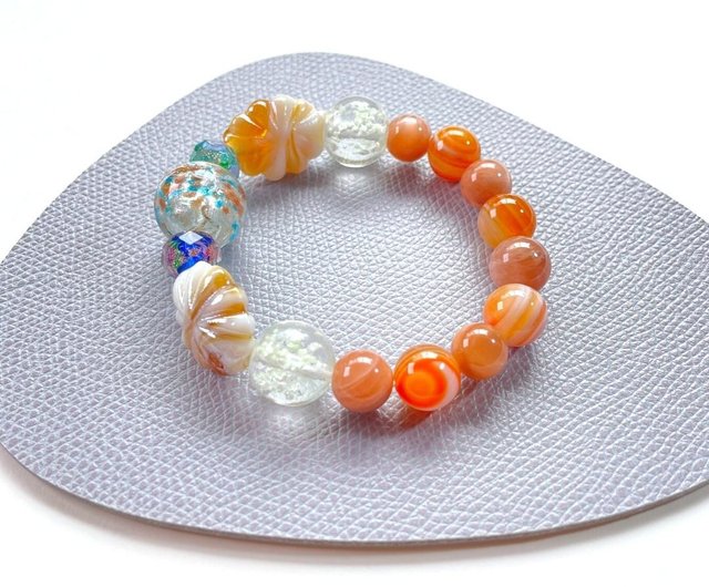 高品質 とんぼ玉 オレンジムーンストーン 天然石ブレスレット 水晶