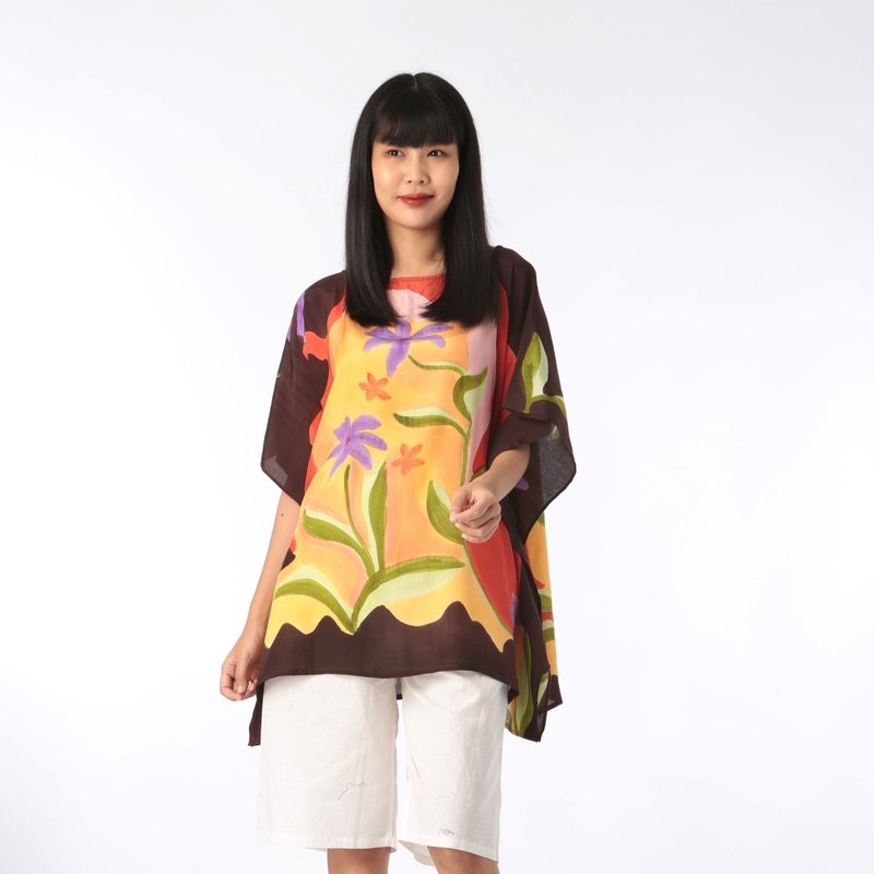 Poncho Blouse Cotton Silk Hand Painted for Summer resort vac - 女上衣/長袖上衣 - 棉．麻 紅色