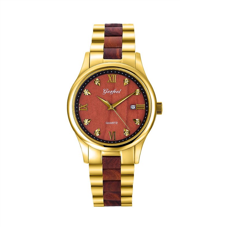 Wooden watch men's quartz watch red sandalwood and golden steel - Men's & Unisex Watches - Wood 