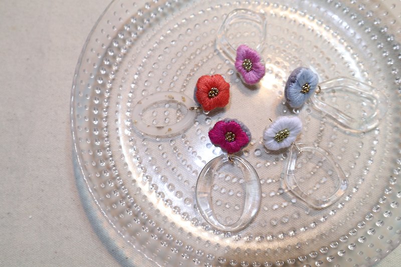 Flower series. Flower embroidery hoop earrings ear clip 925 ear pin. Multicolor. Made in Hong Kong - Earrings & Clip-ons - Thread Multicolor