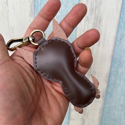 Healing small things brown cute dachshund dog hand-stitched leather  keychain small size