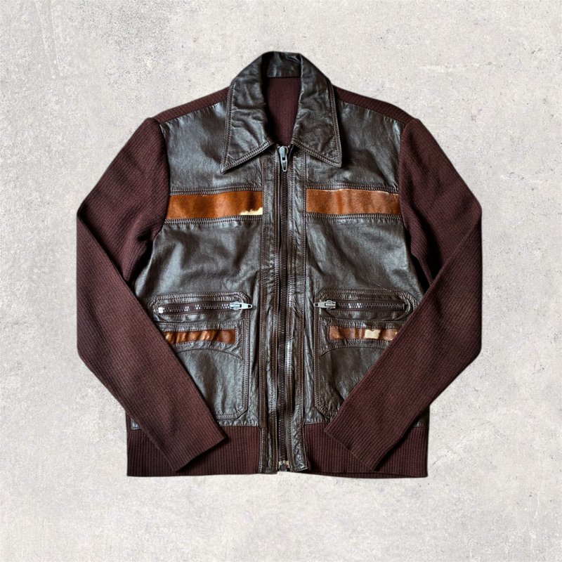 アメリカンヴィンテージ ヒッピースタイル レザーパッチワーク アニマルファー ジャケット - アウター メンズ - その他の素材 