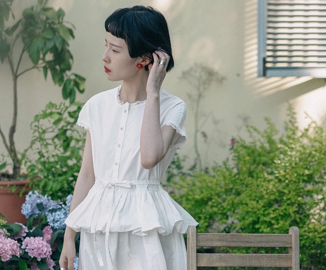 ホワイトフレンチレトロレースコルセットドレスフリルフェイク