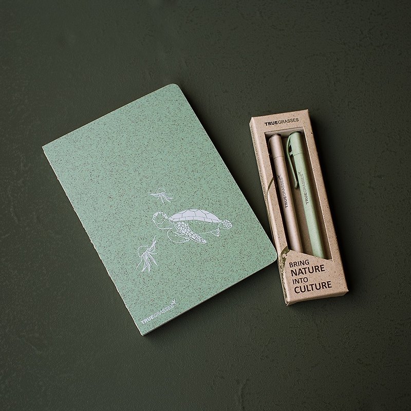 TRUEGRASSES 5x7 Notebook + Real Rice Pen 2-Pin Stationery Set/Turtle with Beige Green - Notebooks & Journals - Paper Multicolor