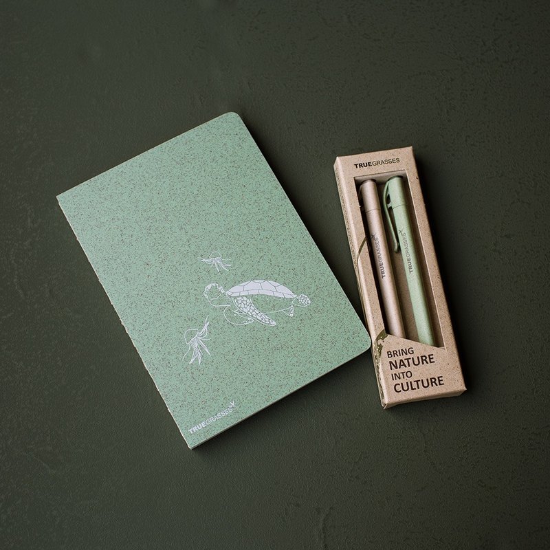 TRUEGRASSES 5x7 Notebook + Real Rice Pen 2-Pin Stationery Set/Turtle with Beige Green - สมุดบันทึก/สมุดปฏิทิน - กระดาษ หลากหลายสี